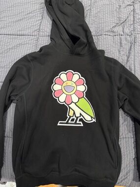 OVO Black Hoodie with Pink & Green Flower Parrot Patch